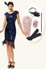 Laden Sie das Bild in den Galerie-Viewer, Blaue Pailletten Fransen Gatsby Kleid mit 1920er Accessoires Set