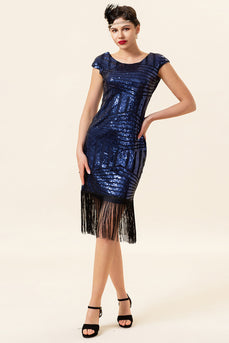 Blaue Pailletten Fransen Gatsby Kleid mit 1920er Accessoires Set