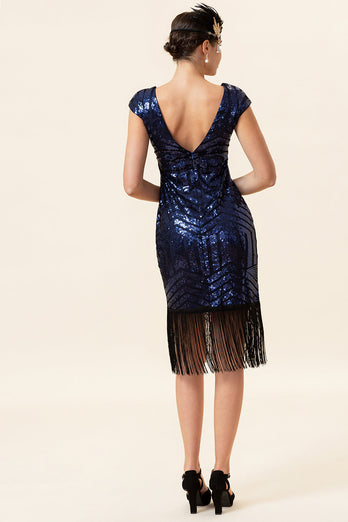 Blaue Pailletten Fransen Gatsby Kleid mit 1920er Accessoires Set