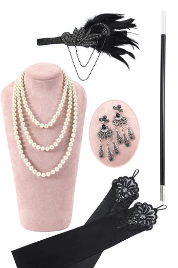 Schwarze Perlen Fransen Flapper Kleid mit 1920er Jahren Accessoires Set