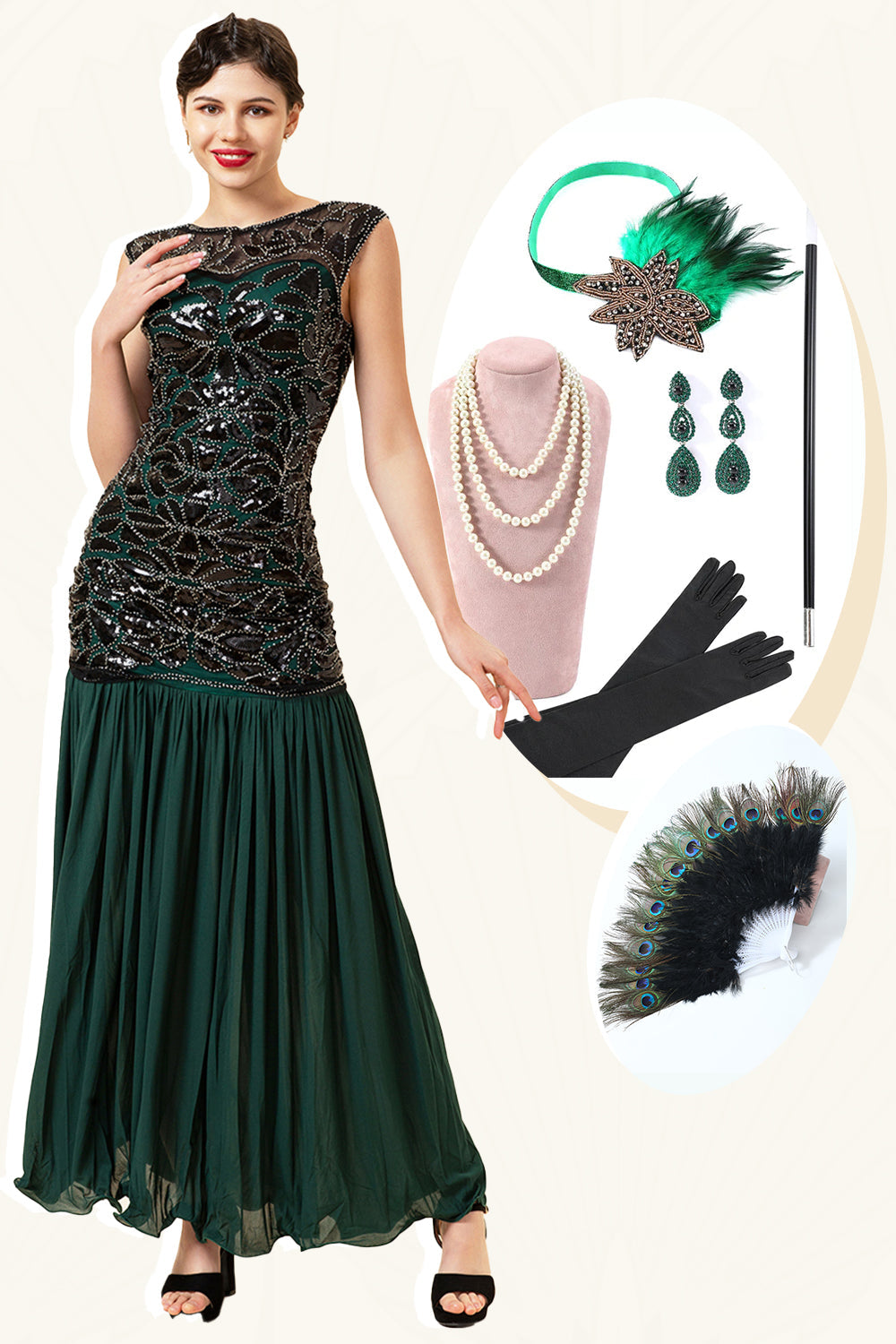 Grünes Perlen Langes flapper Kleid mit 1920er Accessoires-Set