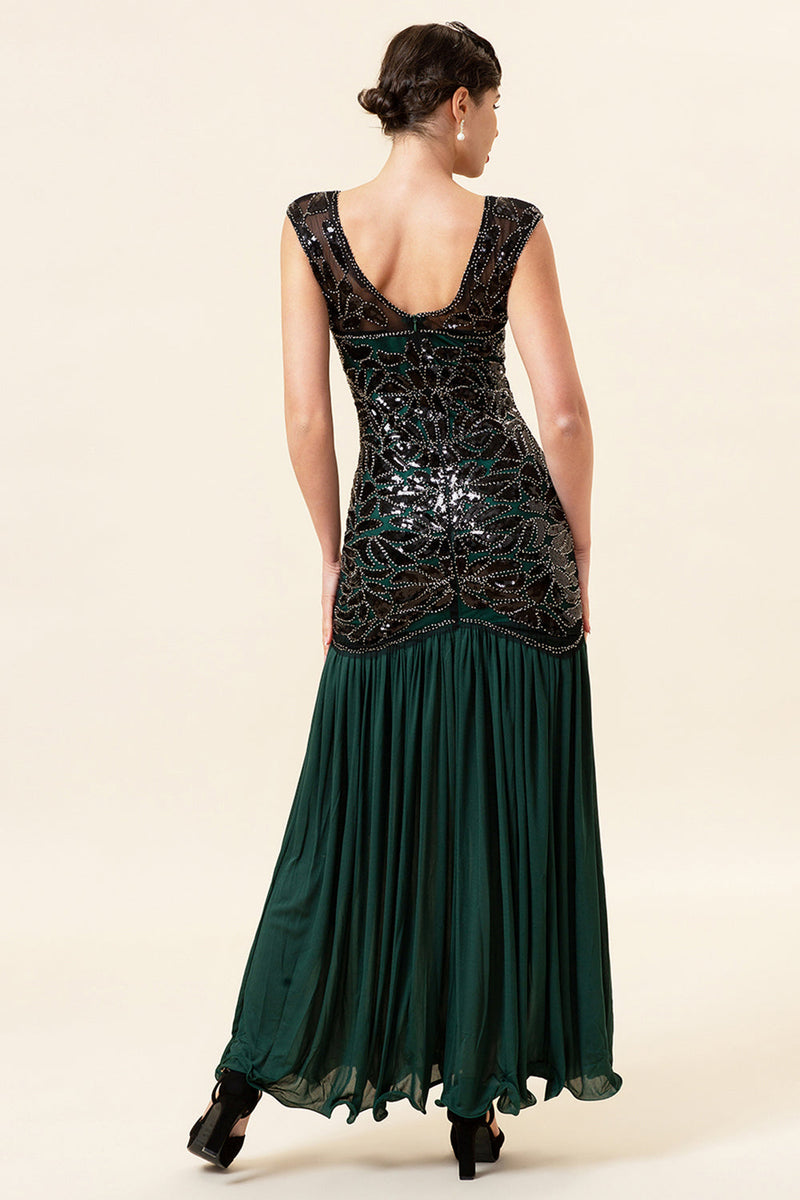 Laden Sie das Bild in den Galerie-Viewer, Grünes Perlen Langes flapper Kleid mit 1920er Accessoires-Set