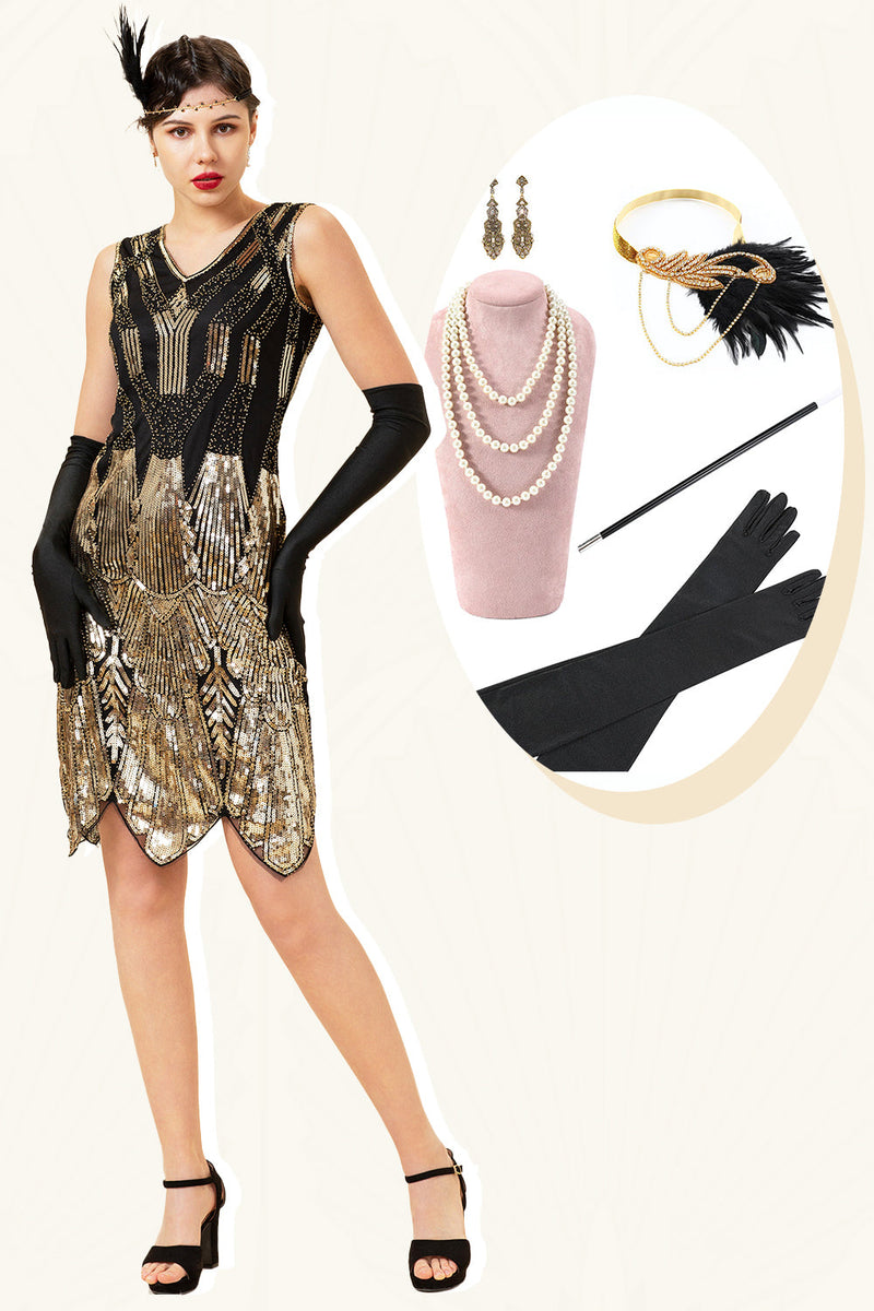Laden Sie das Bild in den Galerie-Viewer, Goldene Pailletten Glitzer Flapper Kleid mit 1920er Jahre Accessoires Set