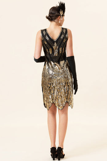 Goldene Pailletten Glitzer Flapper Kleid mit 1920er Jahre Accessoires Set