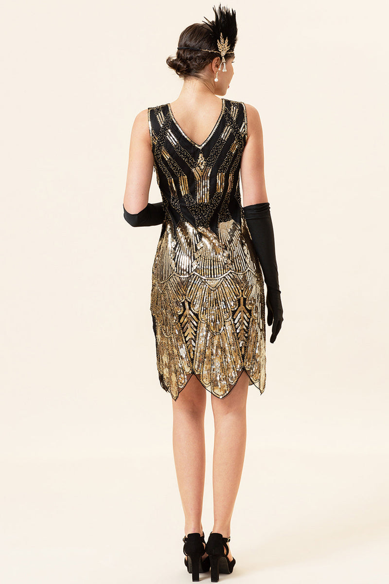 Laden Sie das Bild in den Galerie-Viewer, Goldene Pailletten Glitzer Flapper Kleid mit 1920er Jahre Accessoires Set