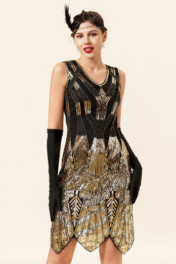Goldene Pailletten Glitzer Flapper Kleid mit 1920er Jahre Accessoires Set