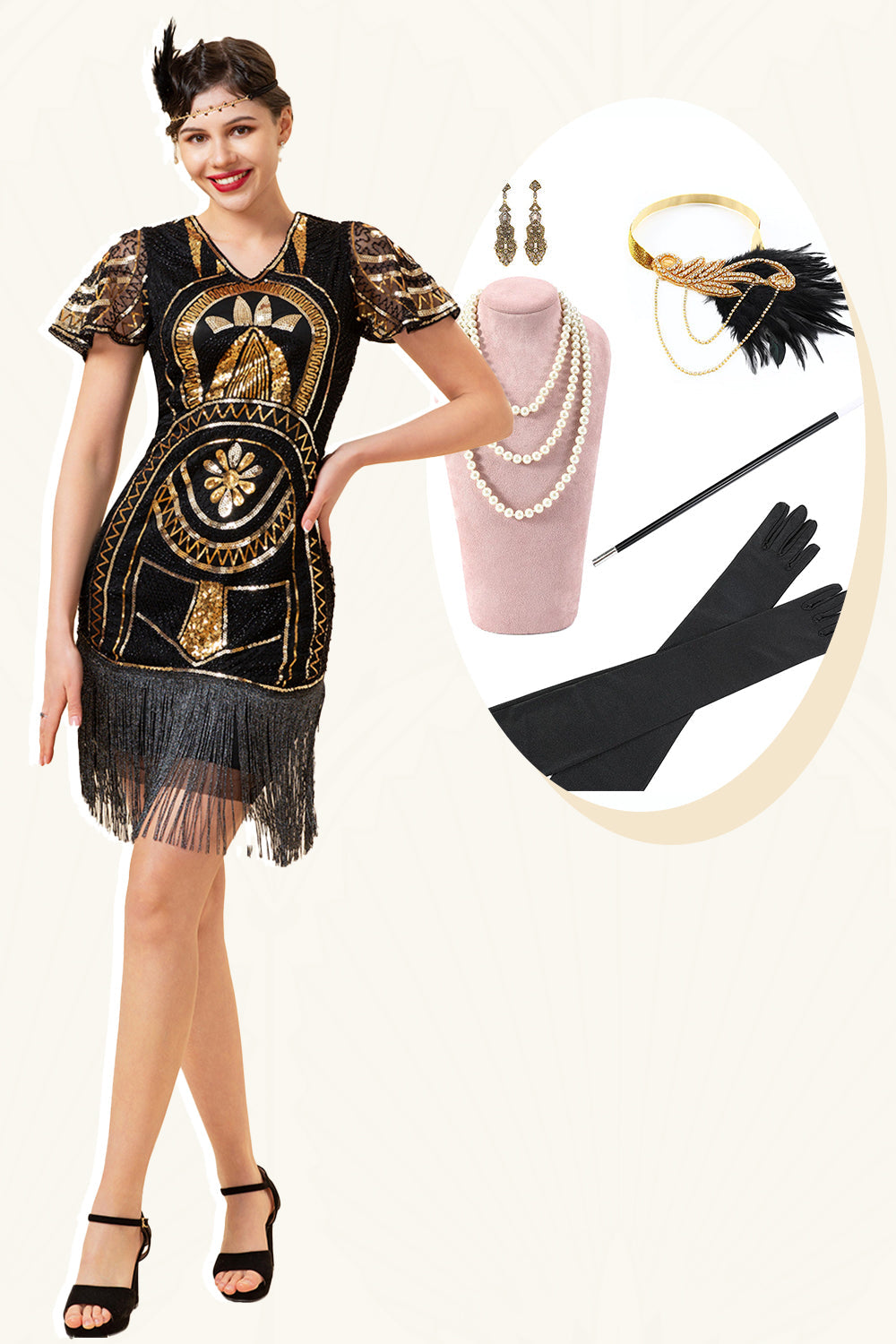Fransen Golden Pailletten Flapper Kleid mit 20er Jahre Accessoires Set