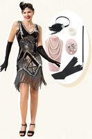 Laden Sie das Bild in den Galerie-Viewer, Silberne Fransen Pailletten Glitzer Flapper Kleid mit 20er Jahre Accessoires Set