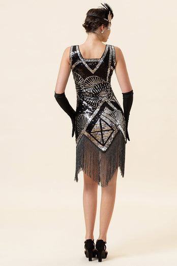 Silberne Fransen Pailletten Glitzer Flapper Kleid mit 20er Jahre Accessoires Set