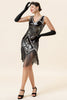 Laden Sie das Bild in den Galerie-Viewer, Silberne Fransen Pailletten Glitzer Flapper Kleid mit 20er Jahre Accessoires Set
