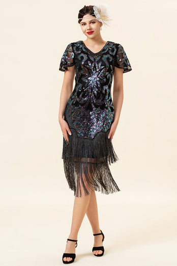 Gatsby Kleid mit schwarzen Pailletten Fransen und 20er Jahre Accessoires Set
