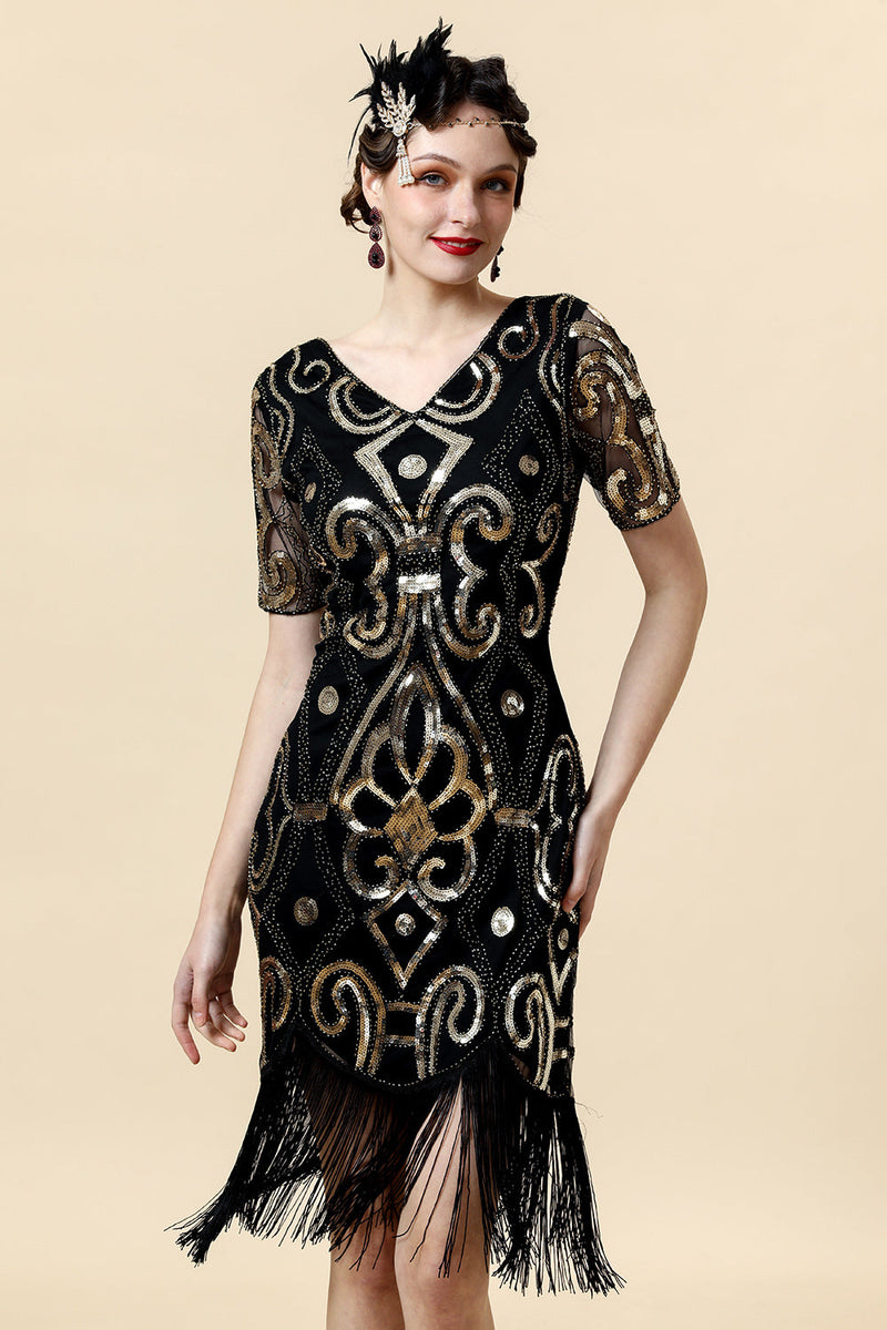 Laden Sie das Bild in den Galerie-Viewer, Vintage Fransen Glitzer Flapper Kleid mit 1920er Jahren Accessoires Set