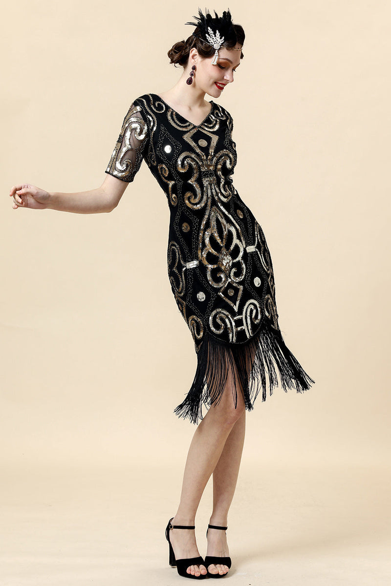 Laden Sie das Bild in den Galerie-Viewer, Vintage Fransen Glitzer Flapper Kleid mit 1920er Jahren Accessoires Set