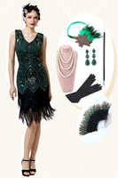 Laden Sie das Bild in den Galerie-Viewer, Grünes Fransen Gatsby Kleid mit 20er Jahre Accessoires Set