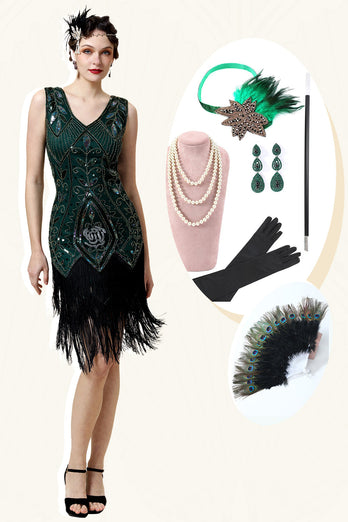Grünes Fransen Gatsby Kleid mit 20er Jahre Accessoires Set