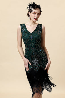 Grünes Fransen Gatsby Kleid mit 20er Jahre Accessoires Set