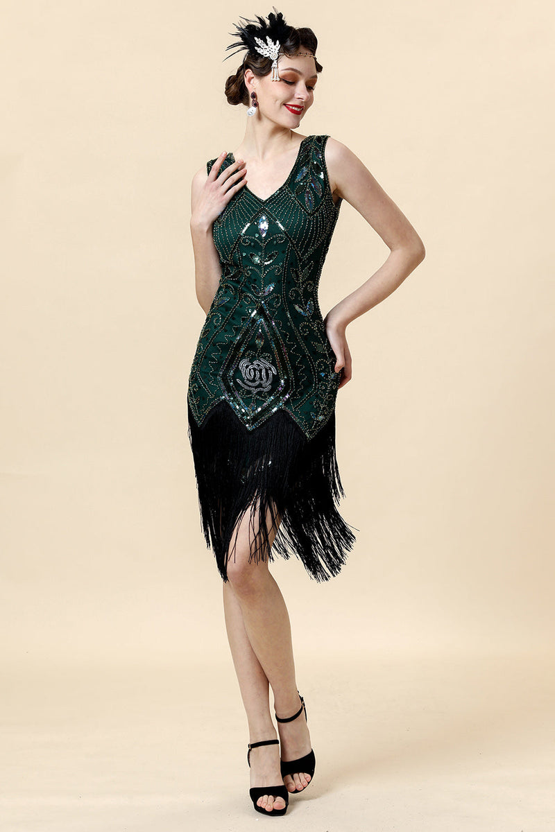 Laden Sie das Bild in den Galerie-Viewer, Grünes Fransen Gatsby Kleid mit 20er Jahre Accessoires Set