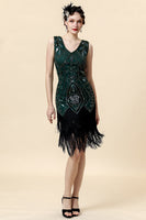 Laden Sie das Bild in den Galerie-Viewer, Grünes Fransen Gatsby Kleid mit 20er Jahre Accessoires Set