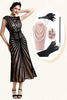 Laden Sie das Bild in den Galerie-Viewer, Schwarzes Pailletten Glitzer Midi Flapper Kleid mit 20er Jahre Accessoires Set
