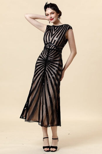 Schwarzes Pailletten Glitzer Midi Flapper Kleid mit 20er Jahre Accessoires Set