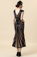 Laden Sie das Bild in den Galerie-Viewer, Schwarzes Pailletten Glitzer Midi Flapper Kleid mit 20er Jahre Accessoires Set