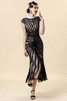 Laden Sie das Bild in den Galerie-Viewer, Schwarzes Pailletten Glitzer Midi Flapper Kleid mit 20er Jahre Accessoires Set