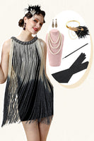 Laden Sie das Bild in den Galerie-Viewer, Apricot Fransen Flapper Kleid mit 20er Jahre Accessoires Set