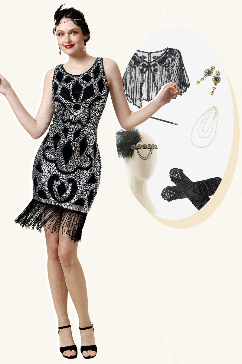 Laden Sie das Bild in den Galerie-Viewer, Silber Fransen Gatsby Kleid mit 1920er Accessoires Set