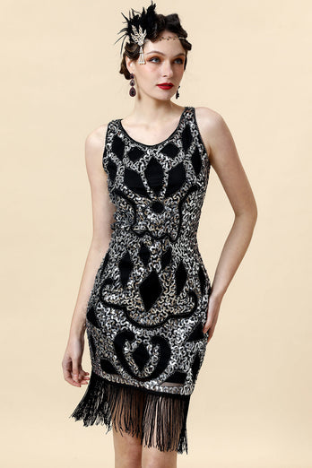Silber Fransen Gatsby Kleid mit 1920er Accessoires Set