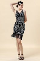 Laden Sie das Bild in den Galerie-Viewer, Silber Fransen Gatsby Kleid mit 1920er Accessoires Set