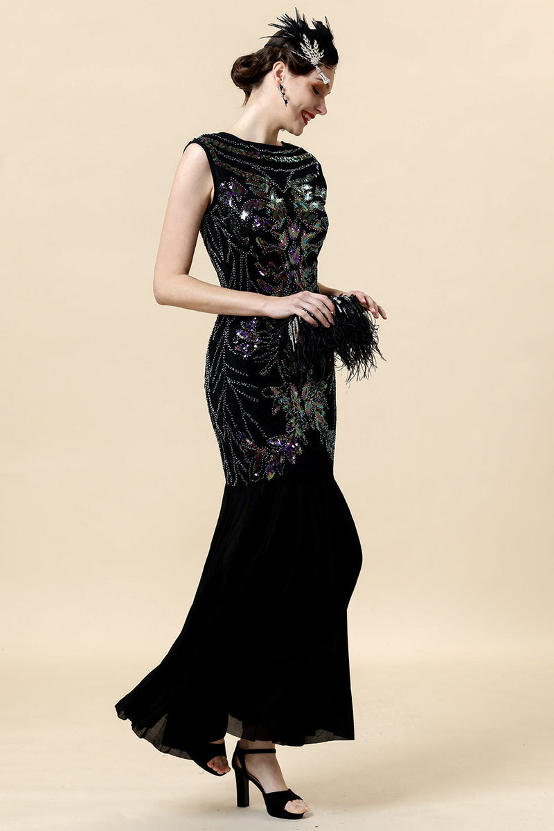 Laden Sie das Bild in den Galerie-Viewer, Schwarze Pailletten Langes Gatsby Kleid mit 20er Jahre Accessoires Set