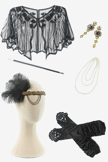 Schwarze Pailletten Langes Gatsby Kleid mit 20er Jahre Accessoires Set