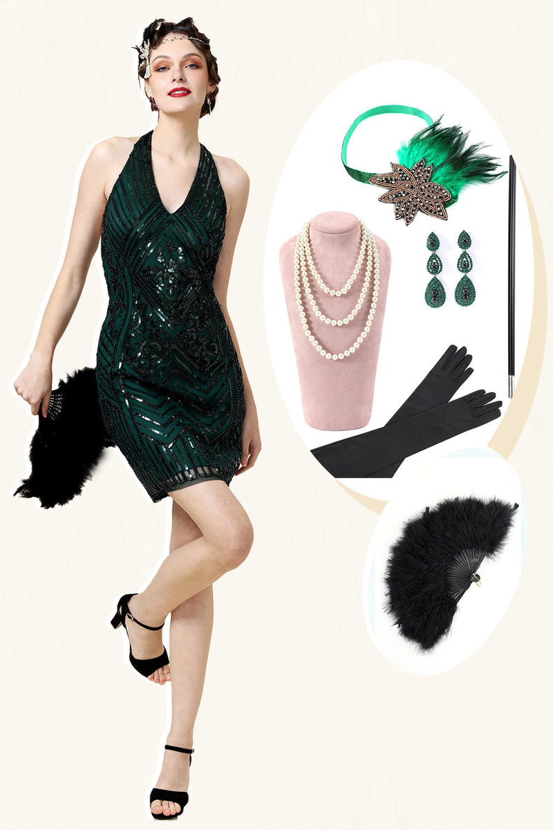 Laden Sie das Bild in den Galerie-Viewer, Neckholder Grün Pailletten Gatsby Kleid mit 20er Jahre Accessoires Set