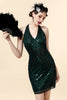 Laden Sie das Bild in den Galerie-Viewer, Neckholder Grün Pailletten Gatsby Kleid mit 20er Jahre Accessoires Set