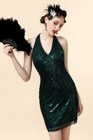 Laden Sie das Bild in den Galerie-Viewer, Neckholder Grün Pailletten Gatsby Kleid mit 20er Jahre Accessoires Set