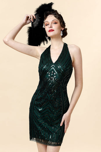 Neckholder Grün Pailletten Gatsby Kleid mit 20er Jahre Accessoires Set