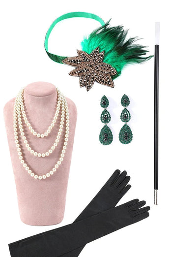 Neckholder Grün Pailletten Gatsby Kleid mit 20er Jahre Accessoires Set