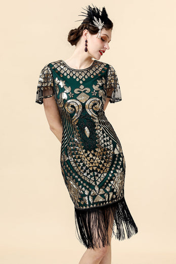 Pailletten Grün Glitzer Flapper Kleid mit 1920er Jahre Accessoires Set