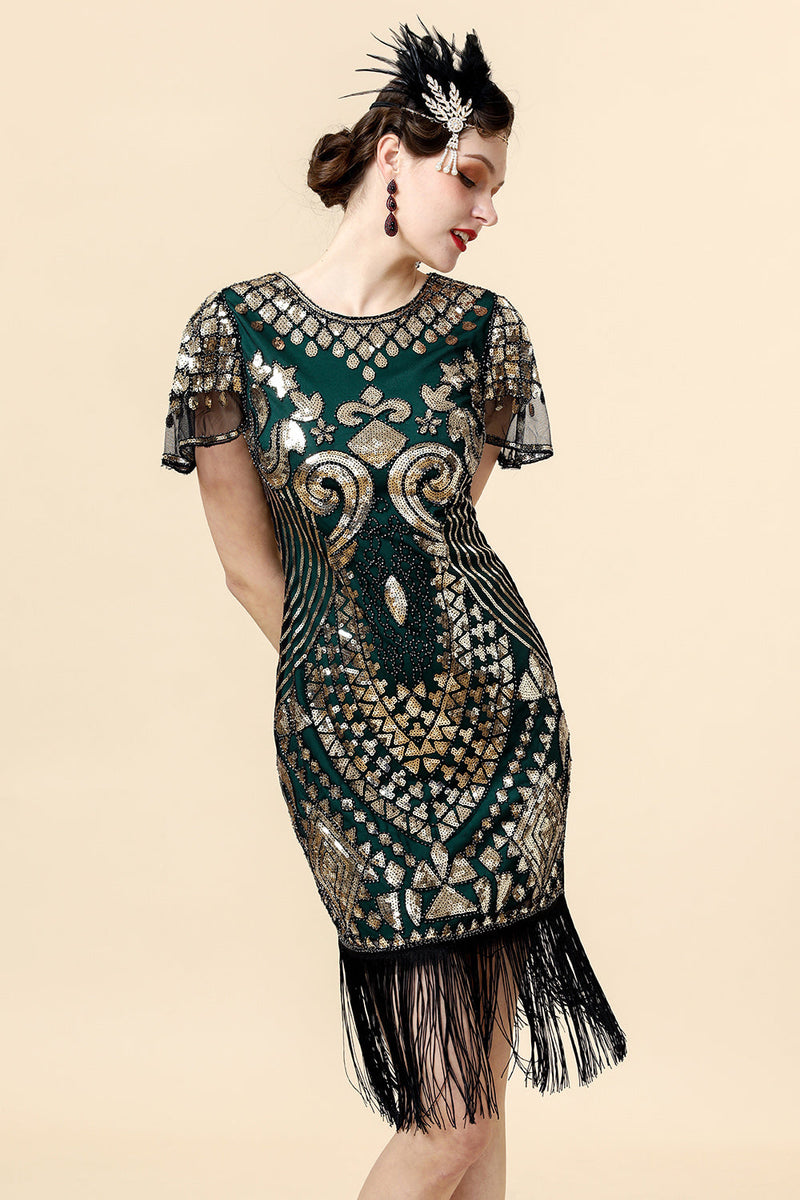 Laden Sie das Bild in den Galerie-Viewer, Pailletten Grün Glitzer Flapper Kleid mit 1920er Jahre Accessoires Set