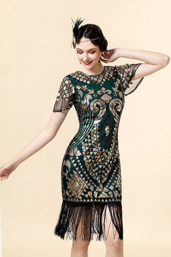 Pailletten Grün Glitzer Flapper Kleid mit 1920er Jahre Accessoires Set
