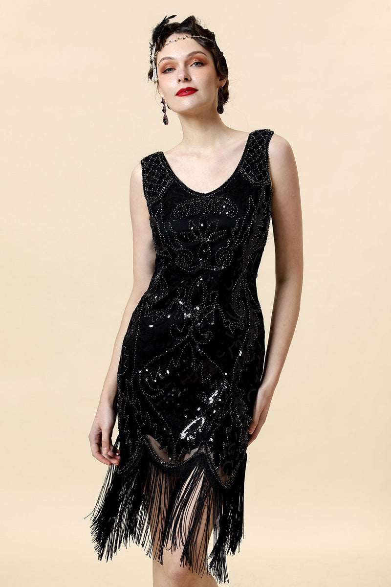 Laden Sie das Bild in den Galerie-Viewer, Perlen Schwarzes Fransen Flapper Kleid mit 20er Jahren Accessoires Set