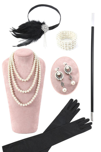Perlen Schwarzes Fransen Flapper Kleid mit 20er Jahren Accessoires Set