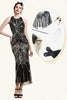 Laden Sie das Bild in den Galerie-Viewer, Neckholder Golden Pailletten Flapper Kleid mit 20er Jahre Accessoires Set