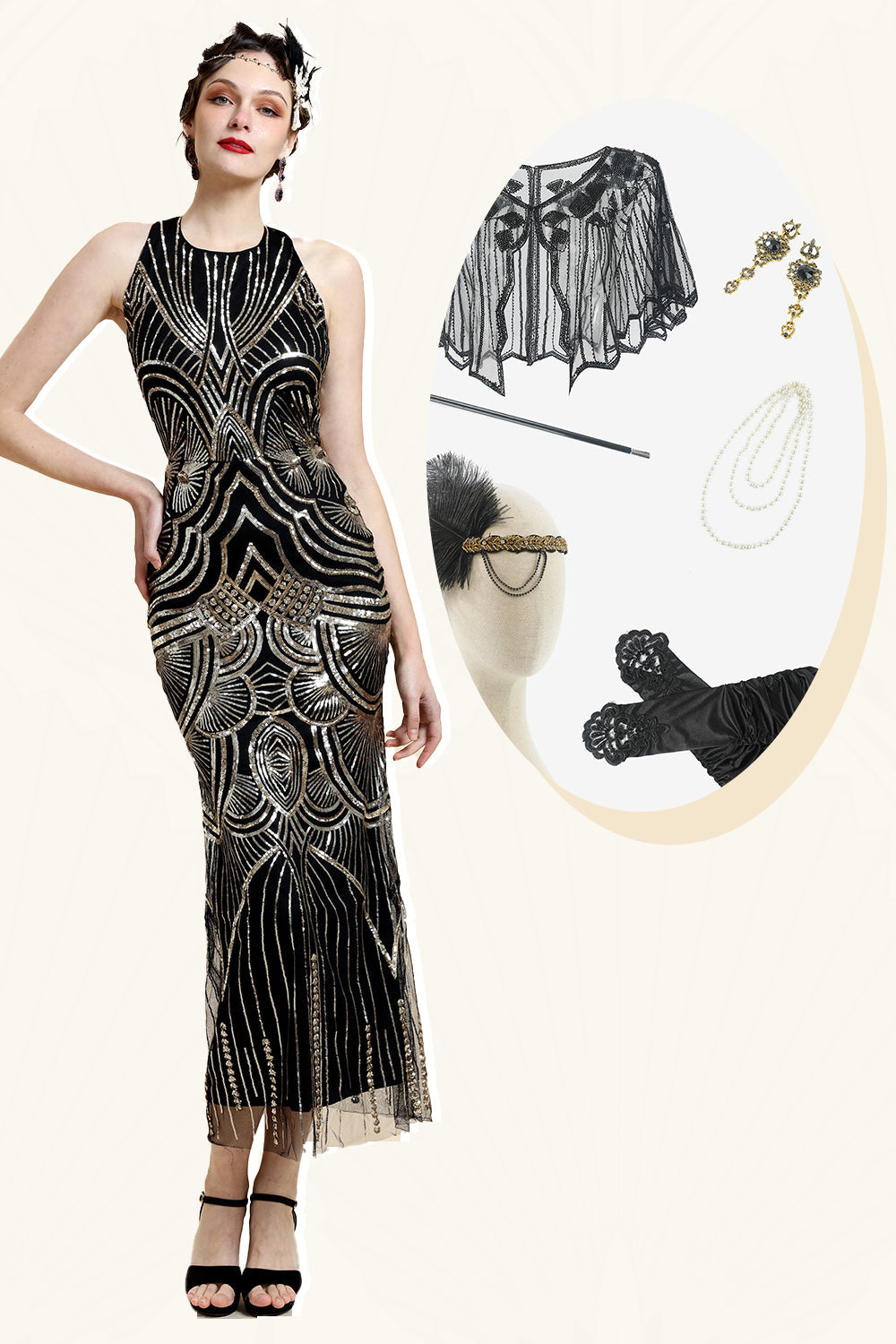 Neckholder Golden Pailletten Flapper Kleid mit 20er Jahre Accessoires Set
