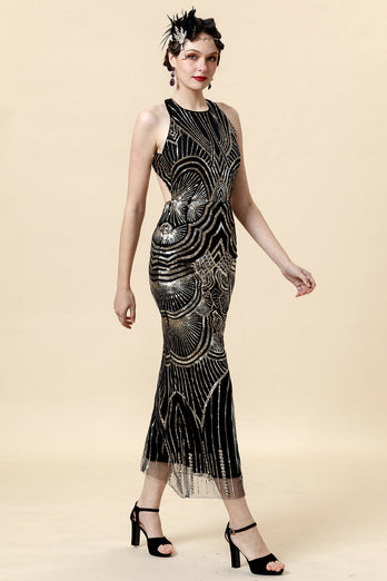 Neckholder Golden Pailletten Flapper Kleid mit 20er Jahre Accessoires Set
