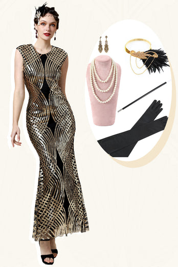 Goldene Pailletten Glitzer Langes Flapper Kleid mit 20er Jahre Accessoires Set