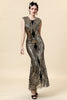 Laden Sie das Bild in den Galerie-Viewer, Goldene Pailletten Glitzer Langes Flapper Kleid mit 20er Jahre Accessoires Set