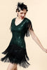 Laden Sie das Bild in den Galerie-Viewer, Fransen Grün Pailletten Flapper Kleid mit 1920er Jahre Accessoires Set