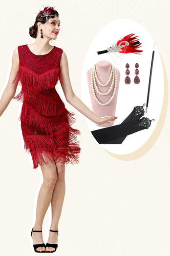 Rotes Perlenfransen Flapper Kleid mit 20er Jahren Accessoires Set