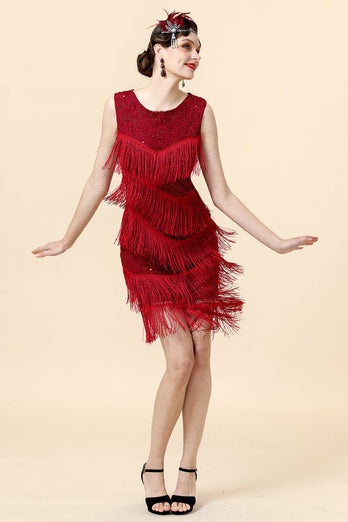 Rotes Perlenfransen Flapper Kleid mit 20er Jahren Accessoires Set